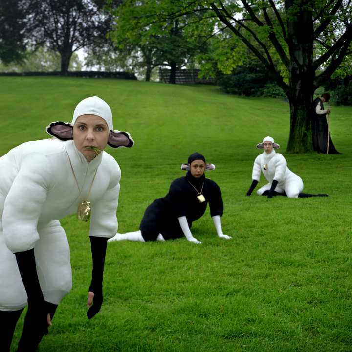 människor utklädda till får i en hage